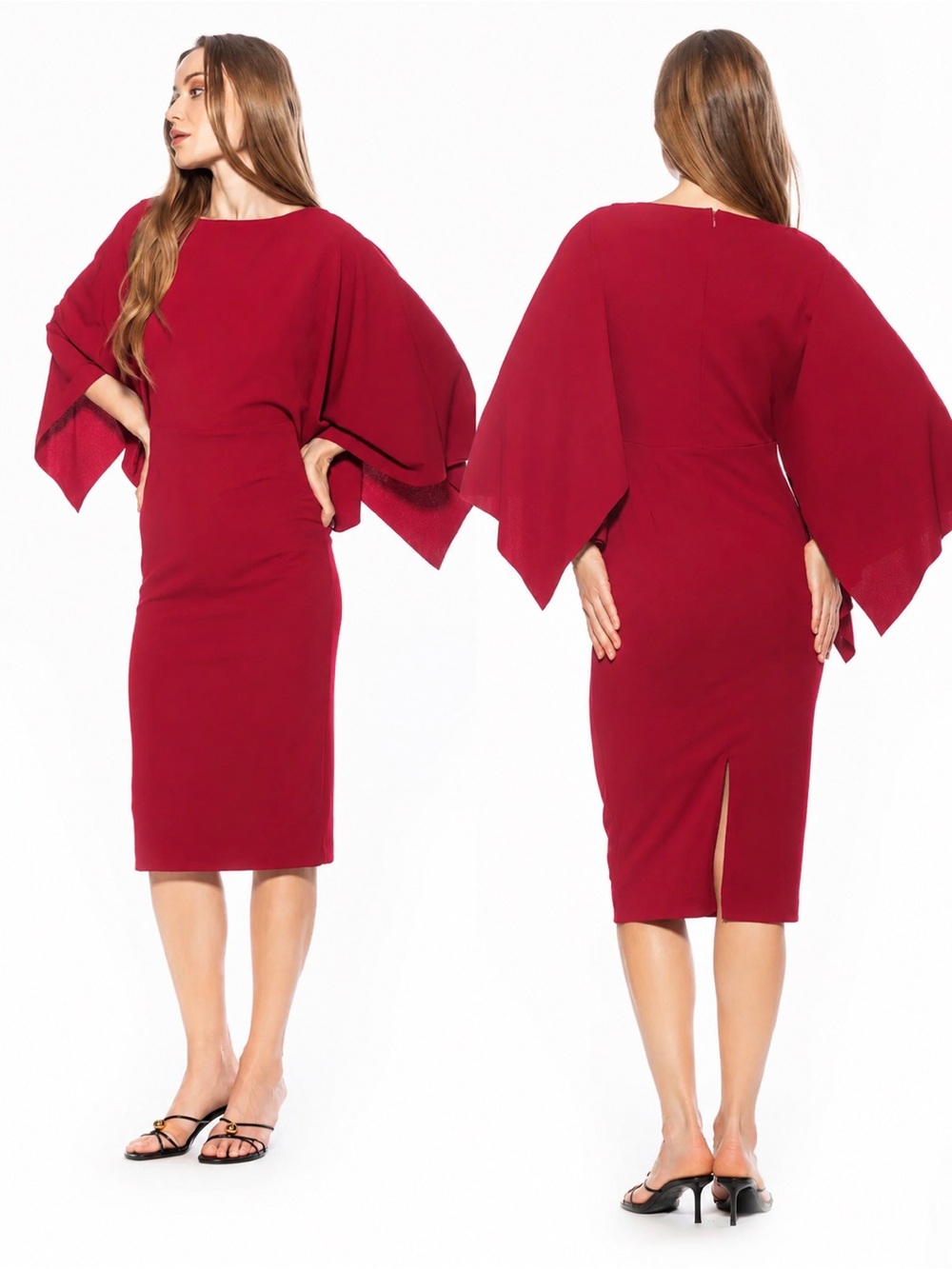 Alexia Admor Crimson Red Cape-Sleeve Midi Dress